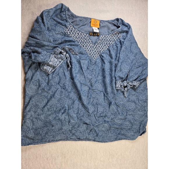 Ruby Rd. Tops - Ruby Rd Petite Large Blue Lyocell Floral Boho Peasant Top Smocked Neck Tassel...